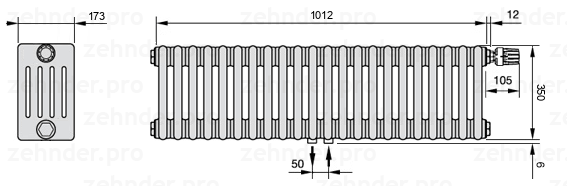 Схема (чертеж) Радиатор Zehnder Charleston 5035/22 №V008 Белый глянцевый RAL 9016